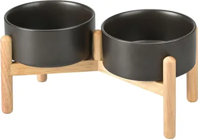 Image de Gamelle en céramique surélevée pour chien avec support en bambou - gamelle d'eau et de nourriture pour chiens de moyenne et grande taille - 850 ml noir