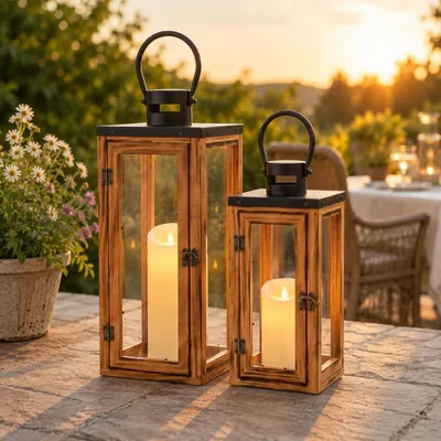 Image de Ensemble de 2 lanternes en bois, bougeoirs décoratifs rustiques