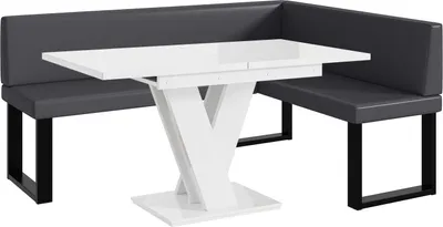 Produktbild von MEBLINI Eckbank für Esszimmer mit ausziehbarem Tisch  - Küchenbank - Essecke - Sitzecke Küche - TONI - U-Beine 128x168x87cm Rechts - Grau Kunstleder/M Weiß Hochgl.