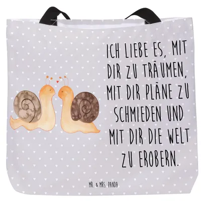 Produktbild von Mr. & Mrs. Panda Reisetasche Schnecken Liebe - Grau Pastell - Geschenk, Zukunft, Strandtasche, Tote Bag, Tasche, studententasche, Freundin, Schultasche, Gemeinsam, Paar