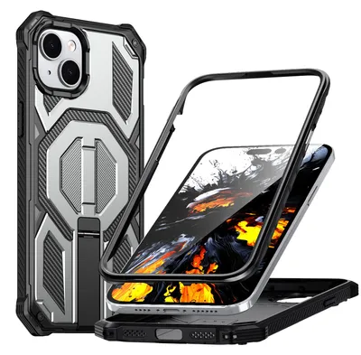 Produktbild von Magnetische Hülle für iPhone 14 / iPhone 13, Kompatibel mit MagSafe, Mit Metall-Ständer, Militärischer Stoßschutz Handyhülle Grau