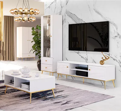Produktbild von Wohnwand in Hochglanz weiß mit Couchtisch und Schrank GUBIN-131 edles Design mit goldenen Akzenten
