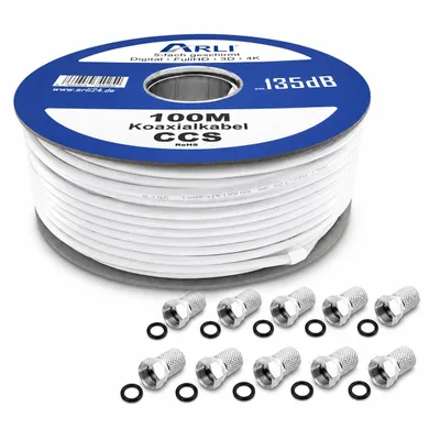 Produktbild von 100m ARLI Koaxialkabel – max. 135 dB 5-fach geschirmt + 10x F-Stecker mit breiter Mutter und Dichtring DVB-S2 DVB-C2 DVB-T2 4K HD TV