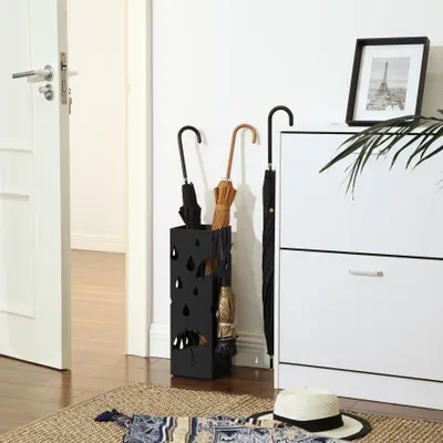 Produktbild von SONGMICS Ø 15,5 x49cm Schirmständer 2 Haken Metall Regenschirm Wasserauffangschale schwarz werdern verschenkt rechteckig LUC49B