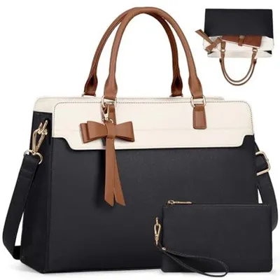 Produktbild von Damentaschen für Laptops, 15,6 Zoll große Laptoptasche, Kunstleder Laptop-Handtasche für Damen, mit Clutch-Tasche, wasserabweisende Arbeitstaschen, geschäftlich, Büro, Schule, lässig - Schwarzweiß