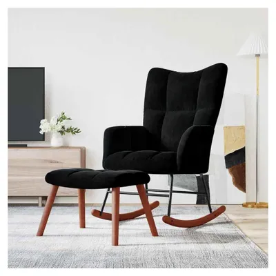 Produktbild von Schaukelstuhl mit Hocker, Relaxstuhl, Schaukelsessel, Schwingsessel, Relaxsessel, Schwingstuhl, Polstersessel, Samt Schwarz