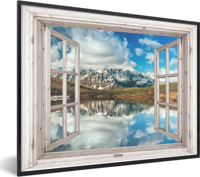 Produktbild von MuchoWow® Gerahmtes Poster Aussicht - Berg - Wasser 80x60 cm - Poster mit Schwarzem Bilderrahmen Wandposter Rahmen Foto Bilder - Schwarzem - Mit Gestell
