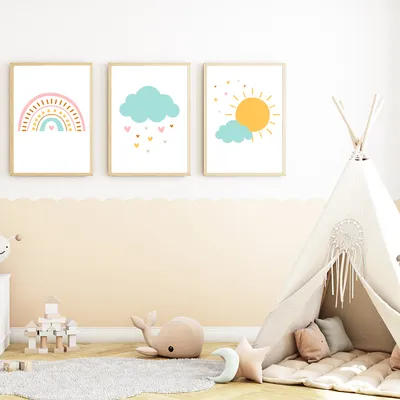 Produktbild von Regenbogen Wolke Sonne 3er Set Kinderzimmer Bilder DIN A4 Poster Babyzimmer Wandbilder Dekoration