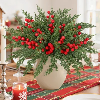 Image de Branches de sapin artificielles avec des baies rouges pour la décoration de Noël