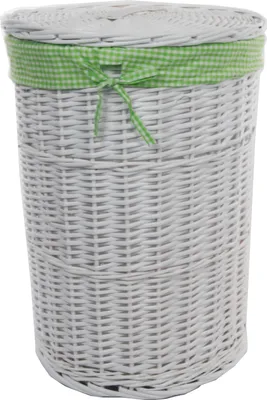 Produktbild von Wäschekorb Wäschetonnen Wäschetruhe Weide rund weiß Deckel Wäschesack Karomuster grün D.32cm H.48cm
