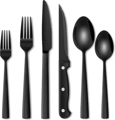 Produktbild von DigiRigi® 36-teiliges Edelstahl-Besteckset für 6 Personen, matt-schwarz – 6 Tafelgabeln, 6 Salatgabeln, 6 Tafellöffel, 6 Dessertlöffel, 6 Tafelmesser und 6 Steakmesser, spülmaschinenfest