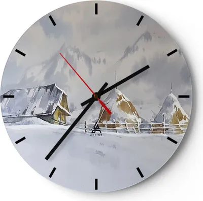 Produktbild von Wanduhr - Rund - Glasuhr - Haus Berge Schnee - 30x30cm - Schleichendes Uhrwerk - Lautlos - zum Aufhängen bereit - Dekoration Modern - Wanddekoration aus Glas - C3AR30x30-4806