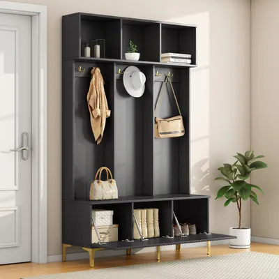 Produktbild von Halbank - Sitzbank - Aufbewahrungsbank - Kommode mit Sitzfläche - Garderobenständer - Schwarz - Goldene Haken - 120 cm breit