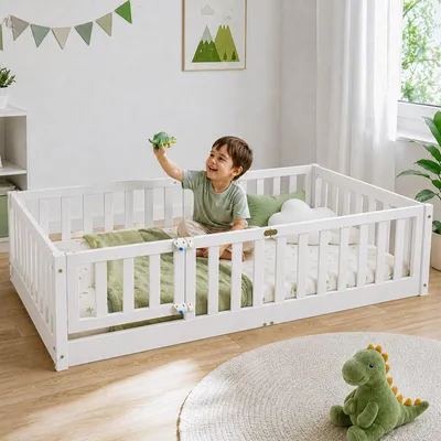 Produktbild von FCH Kinderbett mit Rausfallschutz & Lattenrost, 80x160cm, Montessori Bodenbett mit seitlichem Ausstieg, Einzelbett für Jugendzimmer, Weiß