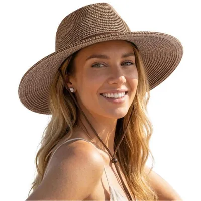 Produktbild von Damen Sonnenhut Braun – Geflochtener Strandhut – Strohhut mit UV-Schutz UPF 80+ – Verstellbar & Faltbar – Windkordel – 55–58 cm