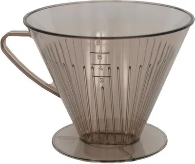 A brown coffee filter cone with measurement markings.
