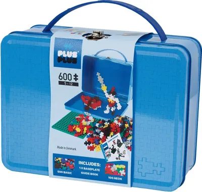 Produktbild von Plus-Plus 9607002 Geniales Konstruktionsspielzeug, Basic, Bausteine-Set in praktischer Metall-Box mit Henkel, 600 Teile, bunt