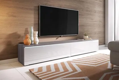Obrázek produktu pro Nízka komoda D, 180 cm, stojan na televizi, závěsná skříň, bílá, beton (bílá vysoký lesk s LED osvětlením)