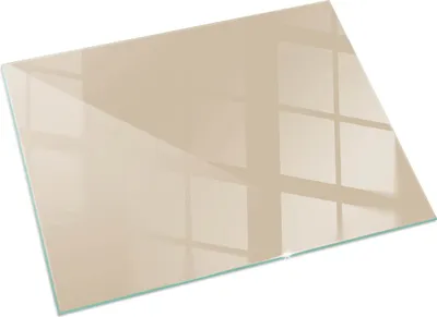 A beige glass floor plate for a fireplace, shown at an angle on a white background.