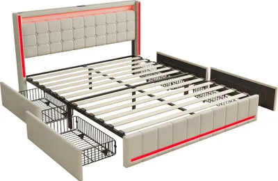 Image de Cadre de lit double 140 x 200 cm avec 4 tiroirs, rembourré avec éclairage LED, rangement, tissu en lin, sans matelas, beige