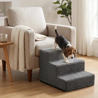 Produktbild von FEANDREA Hundetreppe für Kleine Hunde, 3 Stufen Waschbare Katzentreppe aus Schaumstoff für Sofa, 46 x 40 x 33 cm, Grau