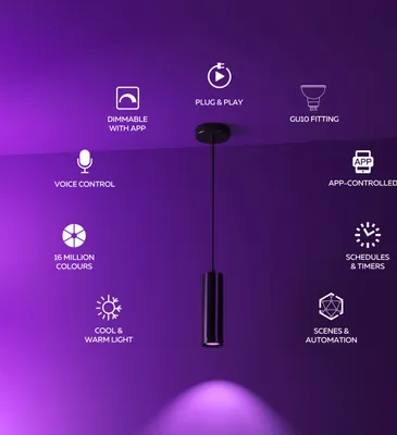 Produktbild von Calex Smart LED Pendelleuchte, GU10, 1-flammig, höhenverstellbar, RGB-Farben & kalt- bis warmweiß Licht, dimmbar, WLAN App- & Sprachsteuerung, Matt Schwarz