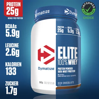 Produktbild von DYMATIZE Whey Protein Pulver Shake Hydrolysat Elite 100% Isolat Rich Chocolate 942 g