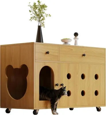 Produktbild von Katzenkloschrank 100x45x66 cm Naturbelassen MDF Bewegliche Katzentoilette Abnehmbare Sandablassplatte Geruchsisoliert Ohne Katzenklo