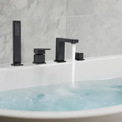 Image de Robinetterie de baignoire noire  Ensemble de robinetterie avec inverseur et pomme de douche (4 pièces)