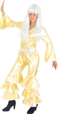 A woman wearing a 70s-style disco costume.