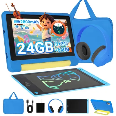 Produktbild von Kinder-Tablet 7 Zoll mit Schutzhülle, Android 15, 24(3+21)GB + 64 GB, 1024 ¡Á 600 HD-Display, WLAN 6, Dual-Kamera, Blau