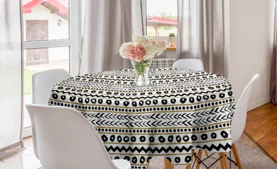 Zdjęcie produktu dla ABAKUHAUS Okrągły obrus Boho, abstrakcyjny, prymitywny, okrągły obrus do jadalni, dekoracja kuchni, 150 cm, czarny żółty