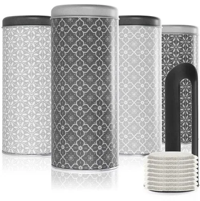 Productafbeelding van Ibenzoa® opbergdozen voor koffiepads, set van 3, metaal, 7,5 x 18 cm, geschikt voor maximaal 20 pads per doos, lichtdicht, beschrijfbare deksels, decoratieve motieven