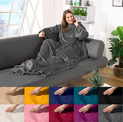 Produktbild von heimtexland ® Ärmeldecke TV Kuscheldecke mit Ärmeln Taschen Fußsack Super Soft Flanell tragbare Decke Ganzkörperdecke Typ870 Anthrazit Grau 180x150 cm
