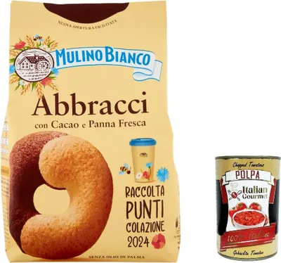 Produktbild von 15x Mulino Bianco Abbracci Shortbread-Kekse mit Kakao und frischer Sahne, ohne Palmöl, geschmacksintensives Frühstück, 350 g + Italian gourmet polpa 400g