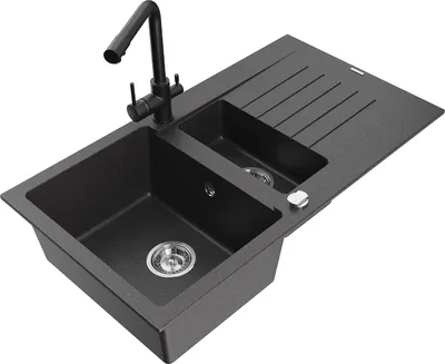 Produktbild von Mexen Matias 1,5-Becken-Granitspüle mit Abtropffläche und Mischbatterie Duero, Schwarz gesprenkelt - 6502-76-671600-70