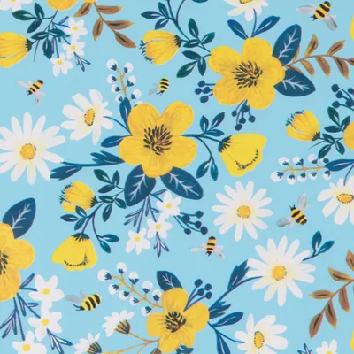 Produktbild von Geschenkpapier Bienen & Blumen Motiv 70cm x 2m Rolle Hellblau / Gelb