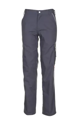 A pair of gray cargo pants is shown against a white background.