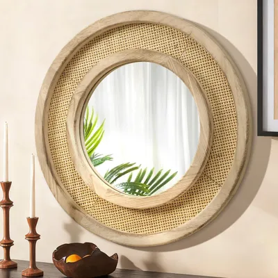 Image de Miroir rond pour mur, cadre en bois, 40 cm, couleur marron. Miroir décoratif pour salon ou salle de bain