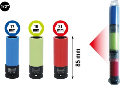 Image de KS-Tools 515.0875 Jeu de douilles 1/2" pour jantes en aluminium, robuste, 3 pièces en tube plastique