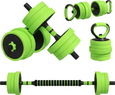 Obrázek produktu pro Sada činek - Tréninková sada 4 v 1 - 20 kg, kettlebell a činka - Posilování paží - Zelená barva