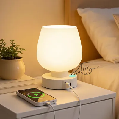 Nachtlampe Touch dimmbar, Tischlampe weiß, USB A+C, LED, 3-fach dimmbar