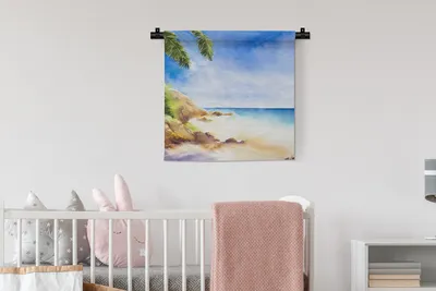 Produktbild von MuchoWow® Wandteppich Wandbehang Strand - Meer - Aquarell 60x60 cm Tapisserie Dekoration Wandtuch - Dekorationen - Wand Decke