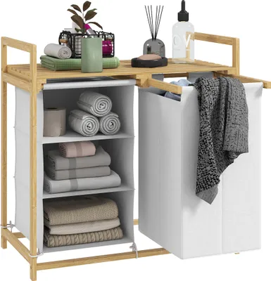 A bamboo and white laundry cart with shelves and a hamper.