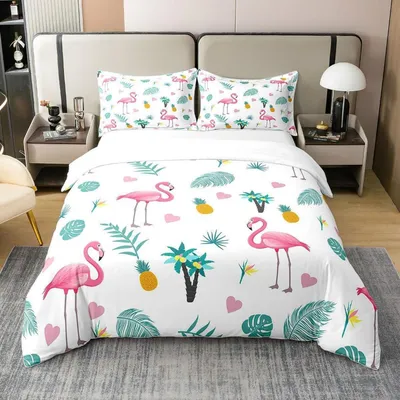 Produktbild von Bettwäsche Set Tropisch Flamingo Blätter 220x240cm 100% Baumwolle mit 2 Kissenbezügen 80x80cm Mehrfarbig Reißverschluss