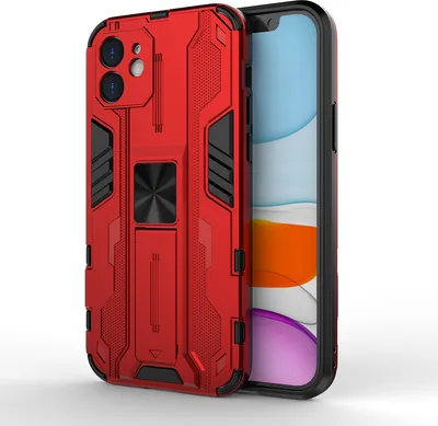 Produktbild von iPhone 12 Hülle, Dual Layer PC TPU Bumper Stoßfest Ständer Schutzhülle für iPhone 12 Rot