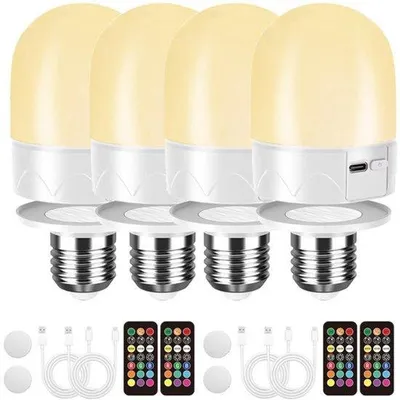 Obrázek produktu pro 4 kusy USB lampiček s dálkovým ovládáním, napájené bateriemi E27, vhodné do pokojů, RGB lampičky s měnícími se barvami, 12 teplot barev, stmívatelné, 3 časovače, bezdrátové noční světlo, 800 lm