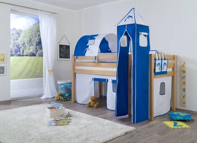 Produktbild von Relita Halbhohes Spielbett ALEX Buche massiv natur lackiert mit Stoffset Vorhang, 1-er Tunnel, Turm, Tasche, 207 cmx113/213 cmx98 cm; BH1001114+TX5002037+TX5072037+TX5152037+TX5032037-M1
