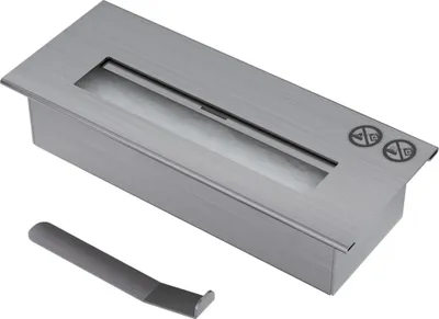 A silver bioethanol fireplace insert and a tool are shown on a white background.