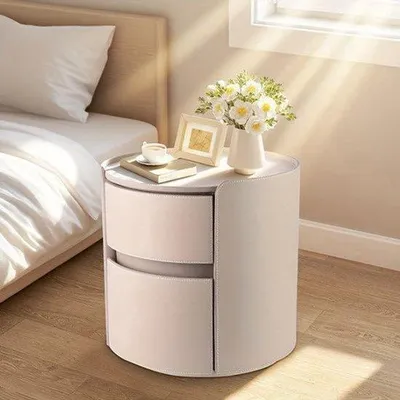Productafbeelding van Nachtkastje van massief hout – Minimalistische opberger voor de slaapkamer – Bureau met dubbele lade – 45x45x50 cm – Duurzame constructie – Twee opbergvakken – Khaki